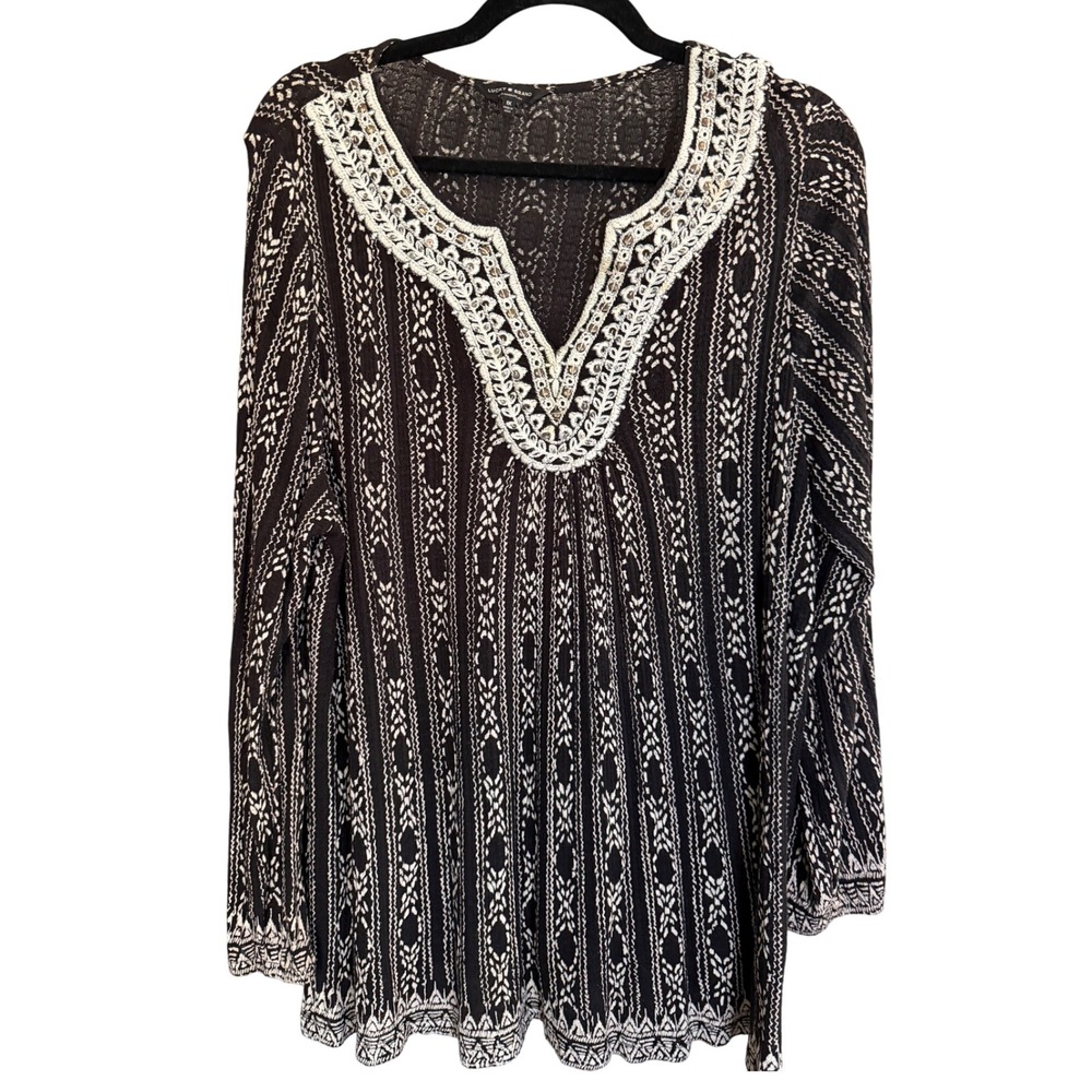 Lucky Brand Linen Blend Tunic Blouse 1X Black Ethnic Print Hippie Peasant Boho